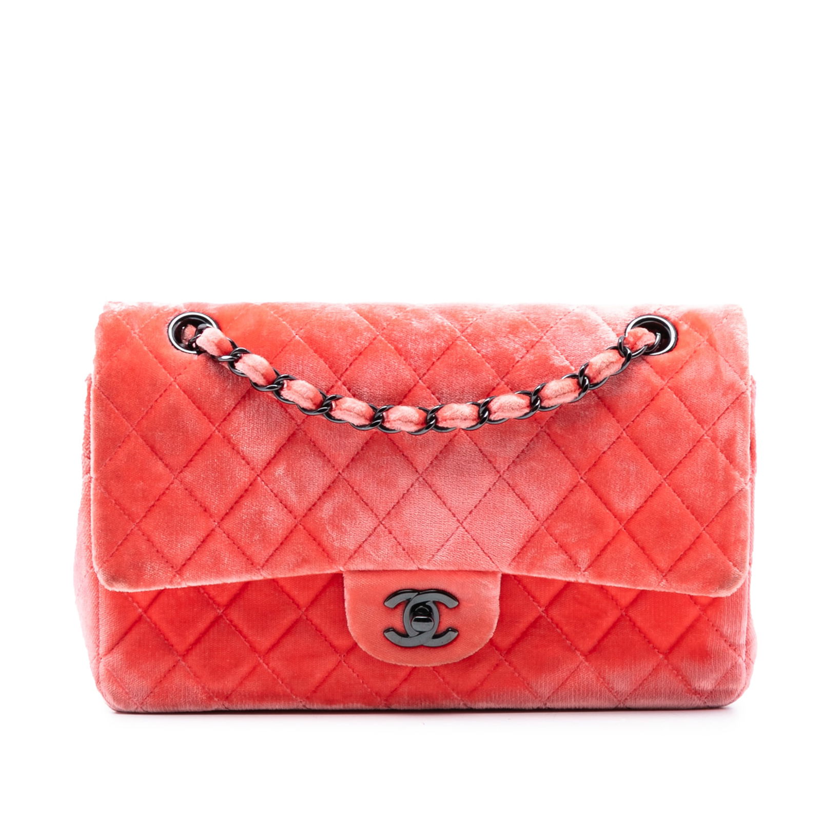 Chanel Medium Classic Velvet Double Flap Red Shoulder Bag: Chanel Medium Classic Velvet Double Flap Red Shoulder Bag This exquisite Chanel Medium Classic Velvet Double Flap shoulder bag is crafted from luxurious quilted velvet in a striking red hue. It featur