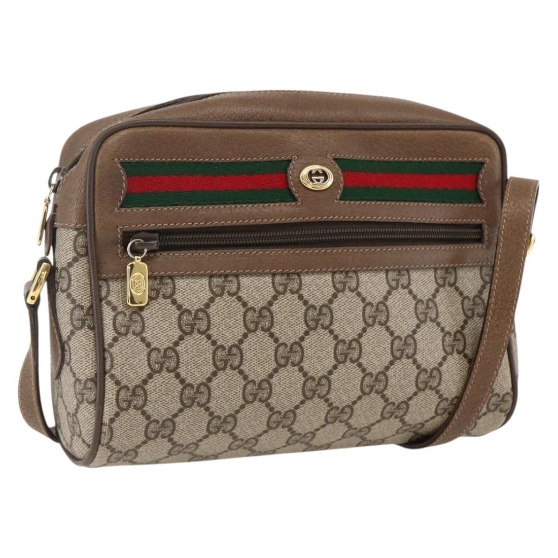 Gucci GG Supreme Web Sherry Shoulder Bag Beige PVC Leather 56 02 087: Gucci GG Supreme Web Sherry Shoulder Bag Beige PVC Leather 56 02 087 This Gucci GG Supreme Web Sherry Line shoulder bag features a beige and gold color combination and is crafted from PVC leather and