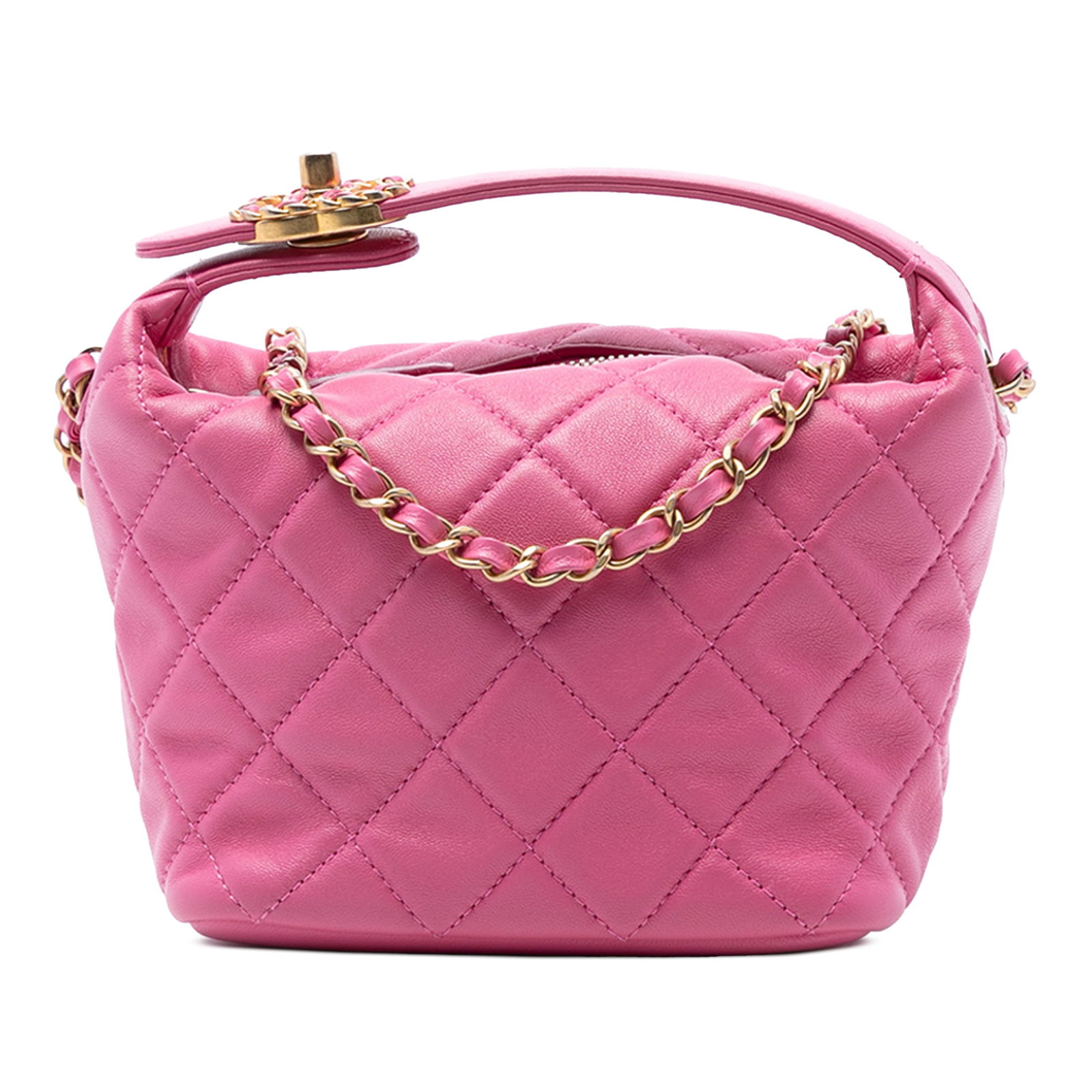 Chanel Pink Lambskin Quilted Small Perfect Meeting Hobo Shoulder Bag: Chanel Pink Lambskin Quilted Small Perfect Meeting Hobo Shoulder Bag This Chanel Small Quilted Lambskin Perfect Meeting Hobo Bag features a pink quilted lambskin leather body, a flat leather top handl