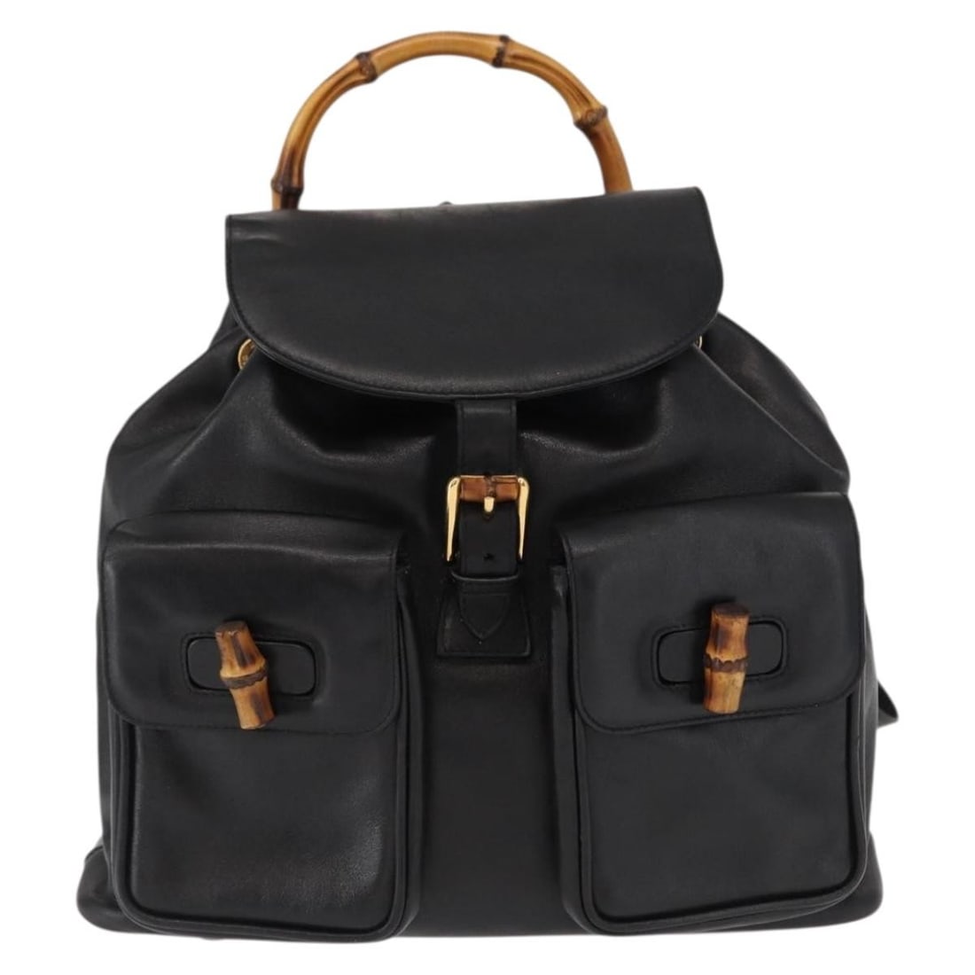 Black Leather Gucci Vintage Bamboo Unisex Backpack 30cm by 26cm by 8cm: Black Leather Gucci Vintage Bamboo Unisex Backpack 30cm by 26cm by 8cm This vintage Gucci Bamboo Backpack is crafted from black leather and designed for unisex use. It features the iconic bamboo handl