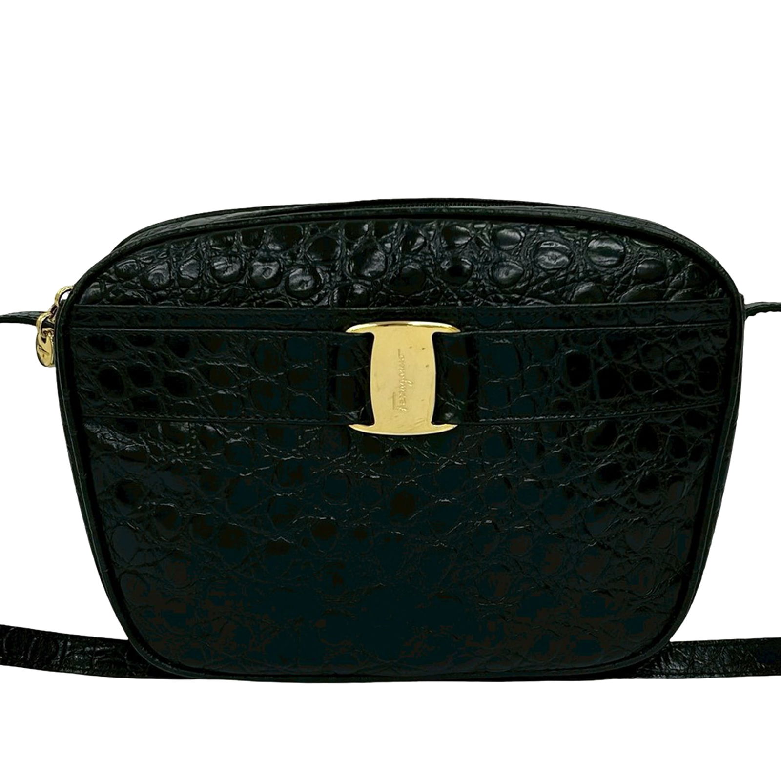 Black Croc Embossed Leather Vara Crossbody Bag by Ferragamo: Black Croc Embossed Leather Vara Crossbody Bag by Ferragamo This Ferragamo crossbody bag features a croc-embossed leather exterior in black, an adjustable flat leather shoulder strap, a top zip closur