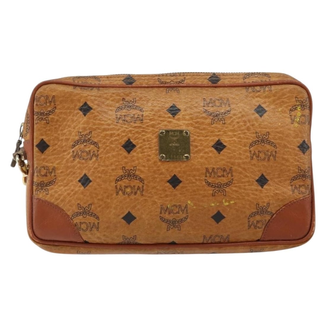 Brown PVC Clutch Bag MCM Visetos 24cm by 15cm by 4cm: Brown PVC Clutch Bag MCM Visetos 24cm by 15cm by 4cm This MCM Visetos pouch is crafted from durable brown PVC, designed for female use. It features a compact size suitable for clutch purposes. The pou