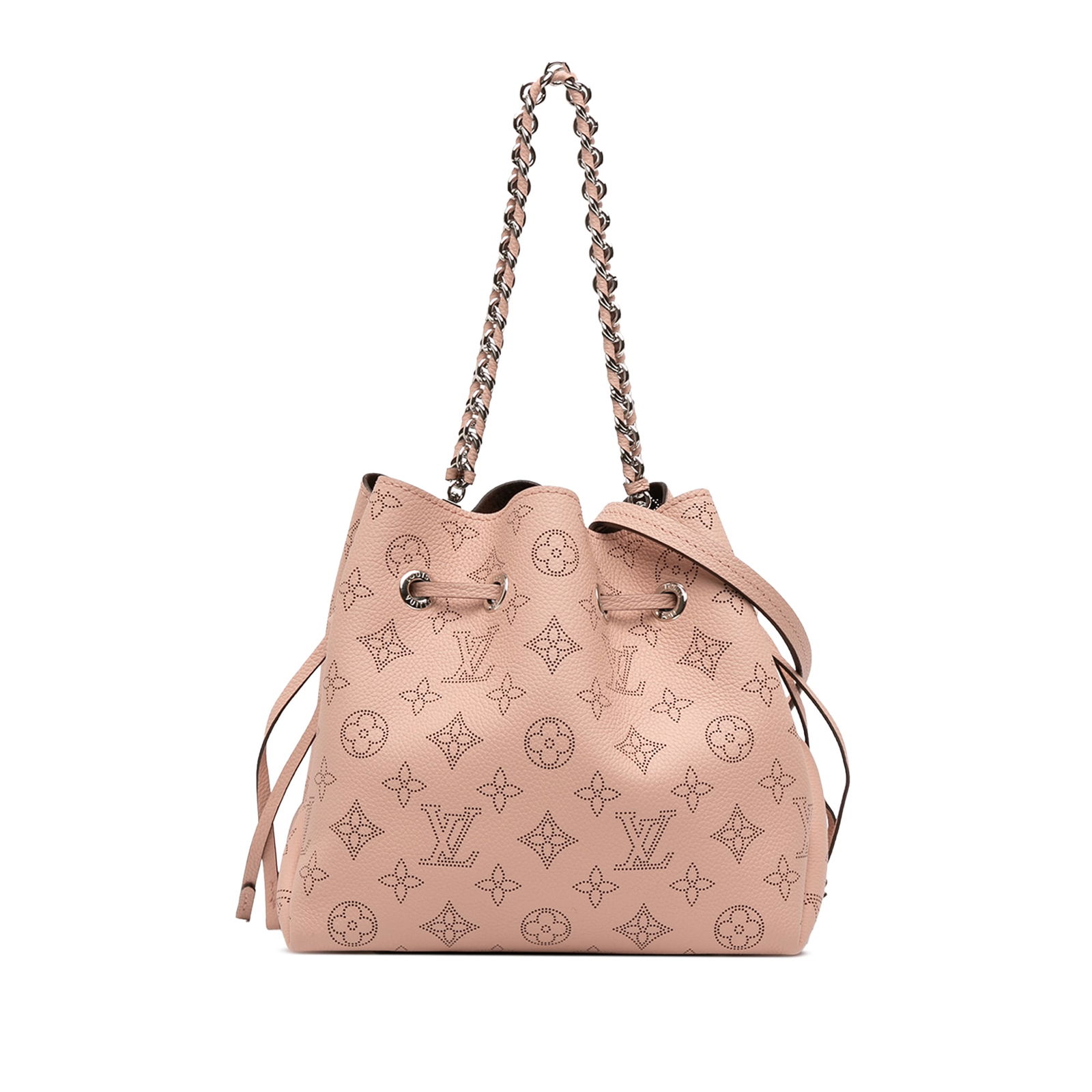 Pink Leather Bella Bag with Monogram Mahina by Louis Vuitton: Pink Leather Bella Bag with Monogram Mahina by Louis Vuitton This Louis Vuitton Monogram Mahina Bella bag features a pink leather body, a leather-woven chain strap, a detachable flat leather strap, an