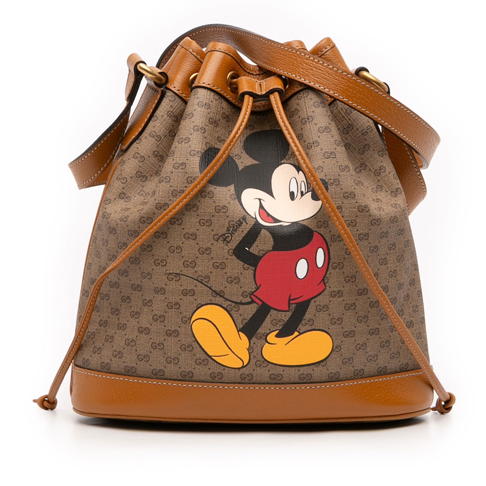 Gucci Micro GG Supreme Mickey Mouse Bucket Bag Brown Fabric: Gucci Micro GG Supreme Mickey Mouse Bucket Bag Brown Fabric Introducing the Gucci Micro GG Supreme Mickey Mouse Bucket Bag, a stylish accessory that combines iconic design with functionality. This buc