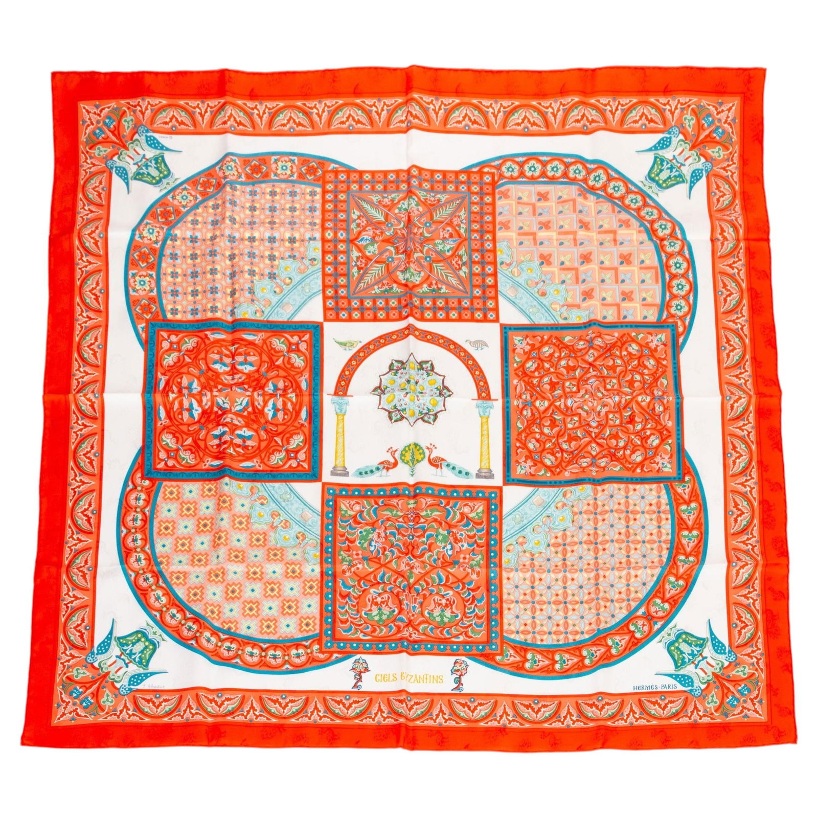 Coral Ciels Byzantins Silk Square Scarf by Hermes France 35 Inch (1 of 6)