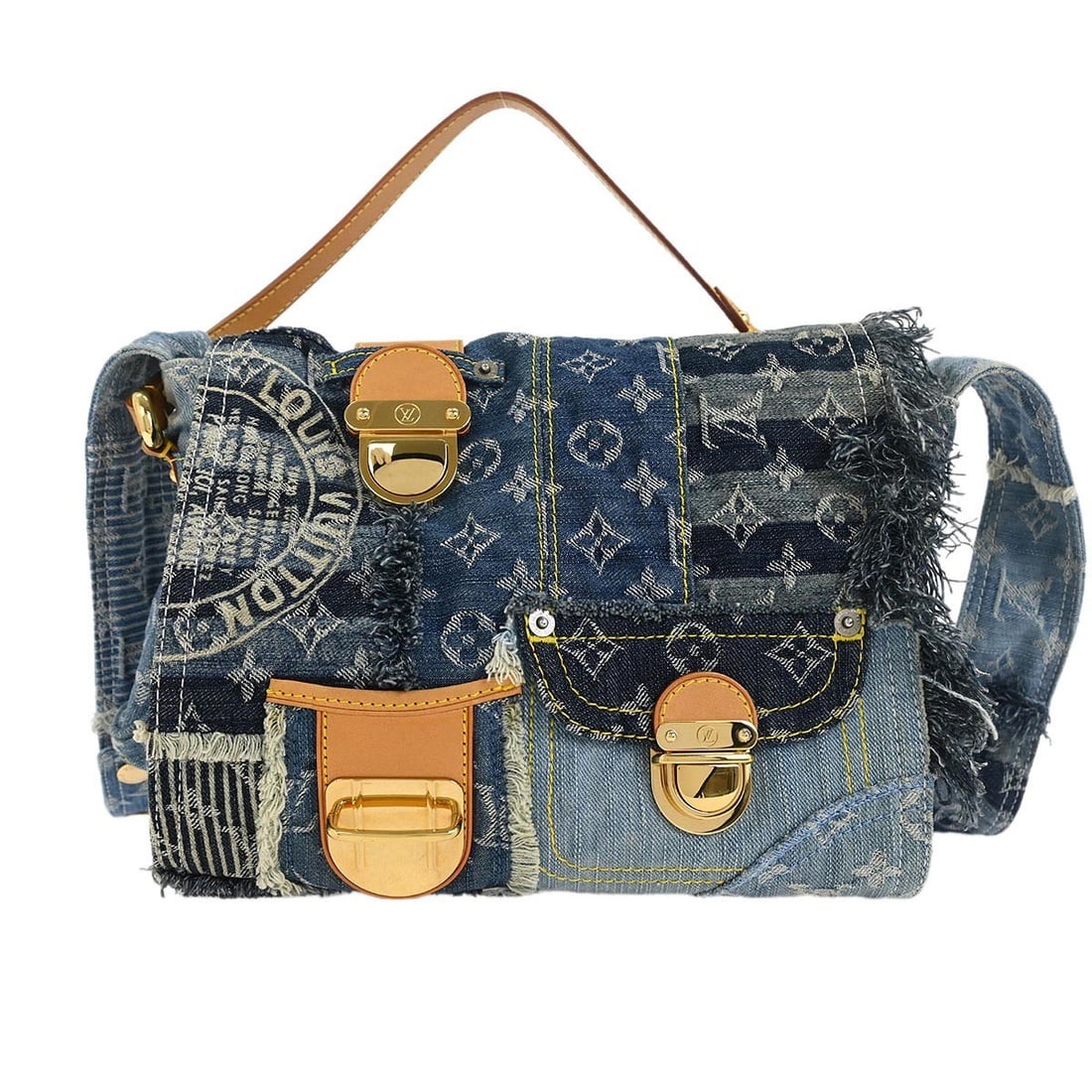 Louis Vuitton Monogram Denim Patchwork Postie Handbag M95374 Blue Gold Hardware: Louis Vuitton Monogram Denim Patchwork Postie Handbag M95374 Blue Gold Hardware This Louis Vuitton Monogram Denim Patchwork Postie 2way Handbag offers a stylish blend of denim and the iconic Monogram