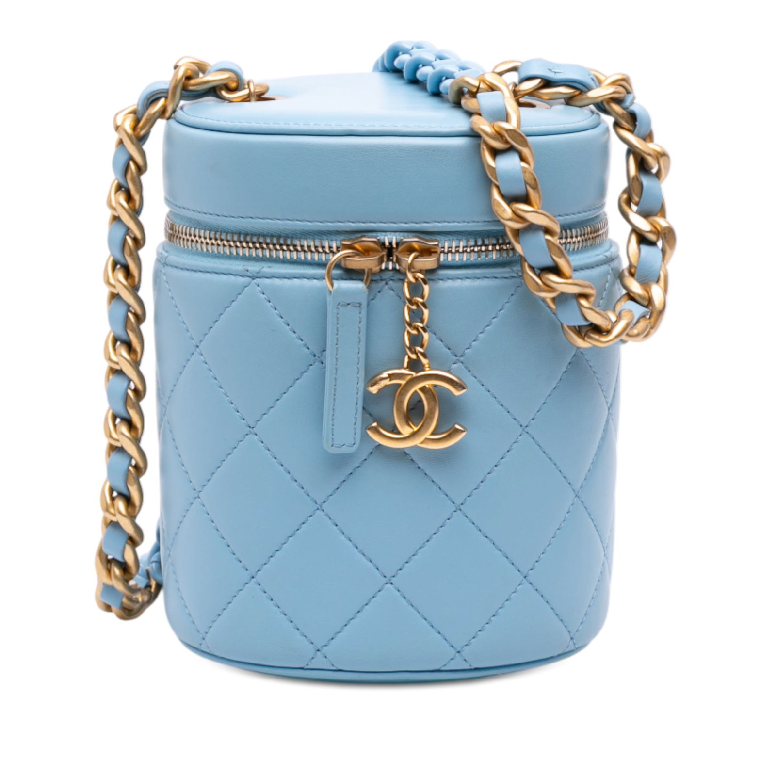 Blue Chanel Vertical Mini Vanity Bag Quilted Lambskin with Chain Strap: Blue Chanel Vertical Mini Vanity Bag Quilted Lambskin with Chain Strap This Chanel Mini CC Quilted Lambskin Vertical Vanity Case features a quilted lambskin leather body in blue, complemented by a lea