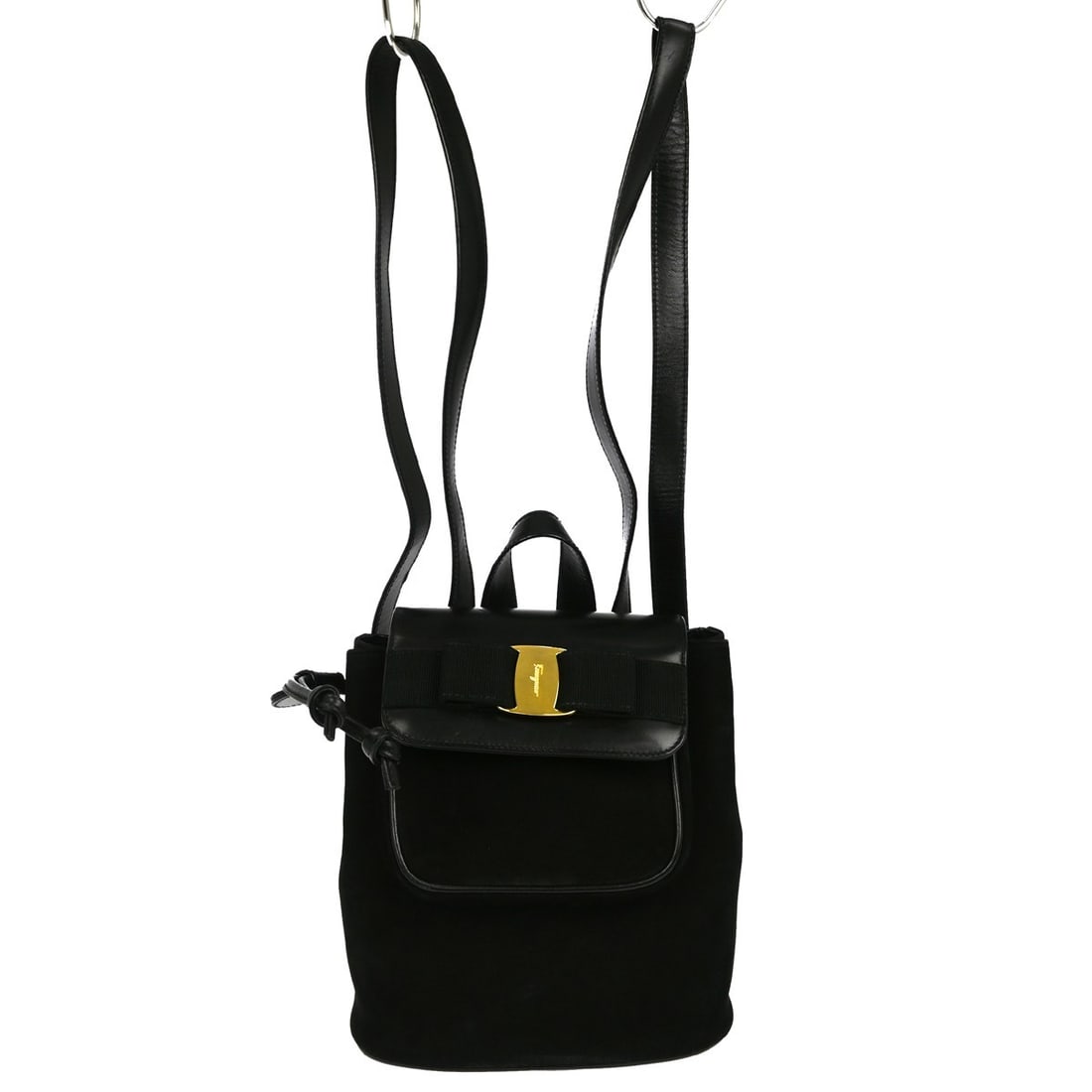 Salvatore Ferragamo Vara Ribbon Black Nubuck Leather Small Backpack: Salvatore Ferragamo Vara Ribbon Black Nubuck Leather Small Backpack This Salvatore Ferragamo Vara Bow backpack features a small, casual design crafted from black leather nubuck. The bag showcases the