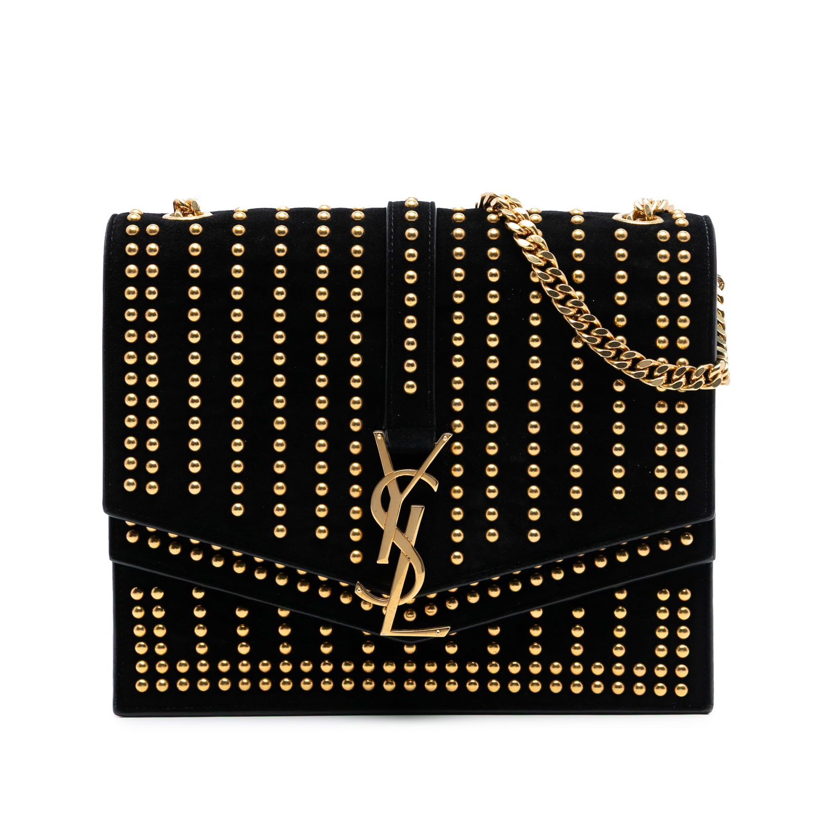 Saint Laurent Monogram Sulpice Black Studded Suede Medium Crossbody Bag: Saint Laurent Monogram Sulpice Black Studded Suede Medium Crossbody Bag This Saint Laurent Medium Studded Suede Monogram Sulpice Crossbody bag features a black studded suede leather body, a chain-link