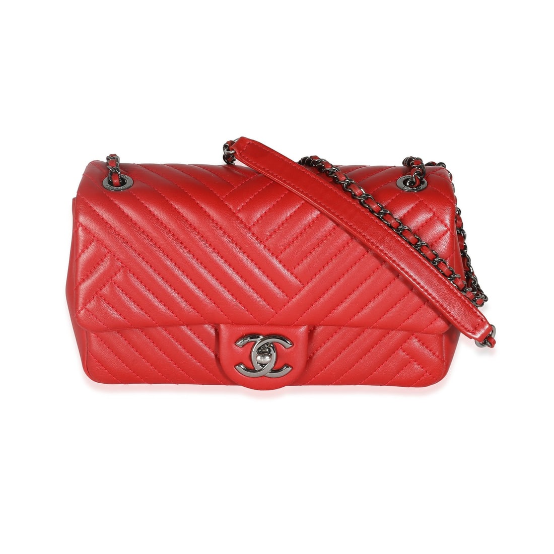 Chanel Small Red Chevron Leather CC Crossing Single Flap Crossbody Bag: Chanel Small Red Chevron Leather CC Crossing Single Flap Crossbody Bag This Chanel Small CC Crossing Single Flap Bag features a red chevron lambskin leather exterior with silver-tone hardware and a tu