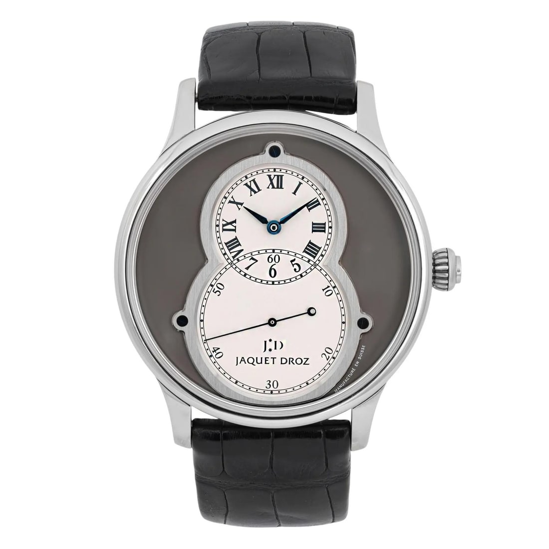 Jaquet-Droz Grande Seconde 18k White Gold Gray Dial Luxury Watch: Jaquet-Droz Grande Seconde 18k White Gold Gray Dial Luxury Watch The Jaquet-Droz Grande Seconde is a luxurious wristwatch crafted from 18k white gold, featuring a sophisticated grey dial with Roman nu