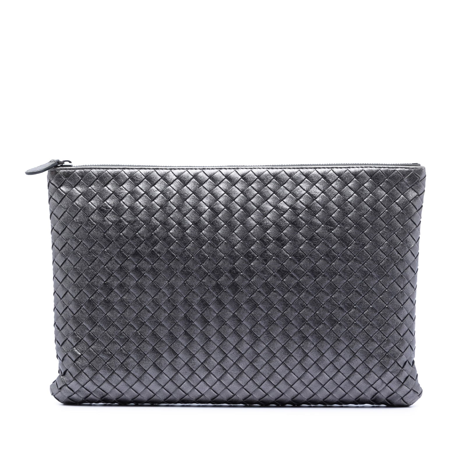 Bottega Veneta Intrecciato Metallic Leather Clutch Bag: Bottega Veneta Intrecciato Metallic Leather Clutch Bag This Bottega Veneta clutch features a signature woven metallic leather design with a top zip closure. The bag is in pre-owned condition with visi