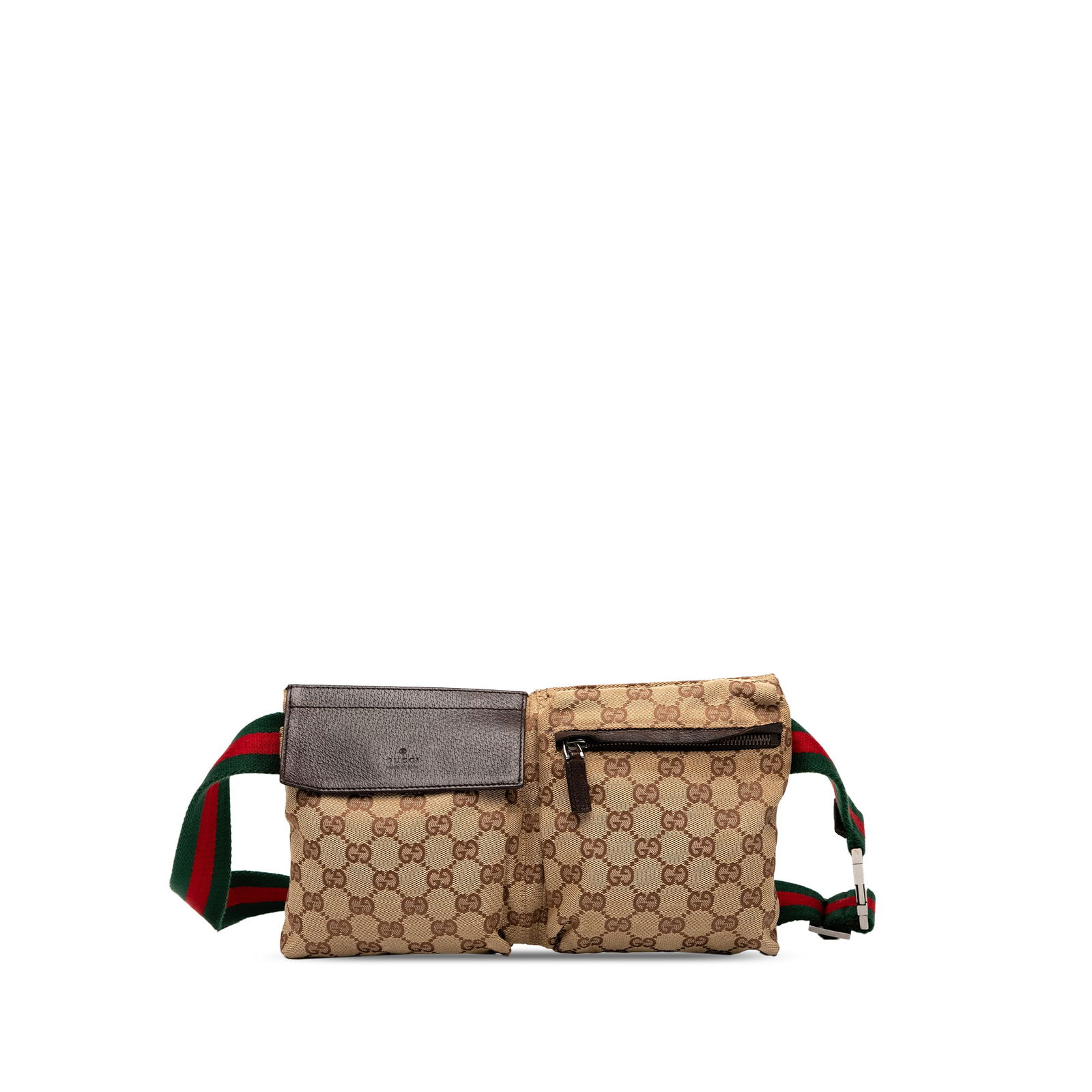Gucci GG Canvas Web Double Pocket Belt Bag Brown Fabric: Gucci GG Canvas Web Double Pocket Belt Bag Brown Fabric Introducing the Gucci GG Canvas Web Double Pocket Belt Bag, a stylish and functional accessory designed for modern convenience. This belt bag