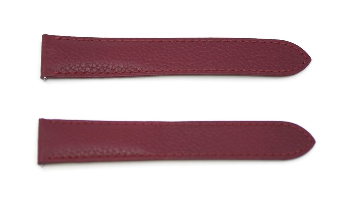 Cartier Authentic Red Wine Leather Wristwatch Strap 21mm: Cartier Authentic Red Wine Leather Wristwatch Strap 21mm Enhance your timepiece with this stunning Cartier red wine leather strap. Designed for comfort and style, this wristwatch band features a rich