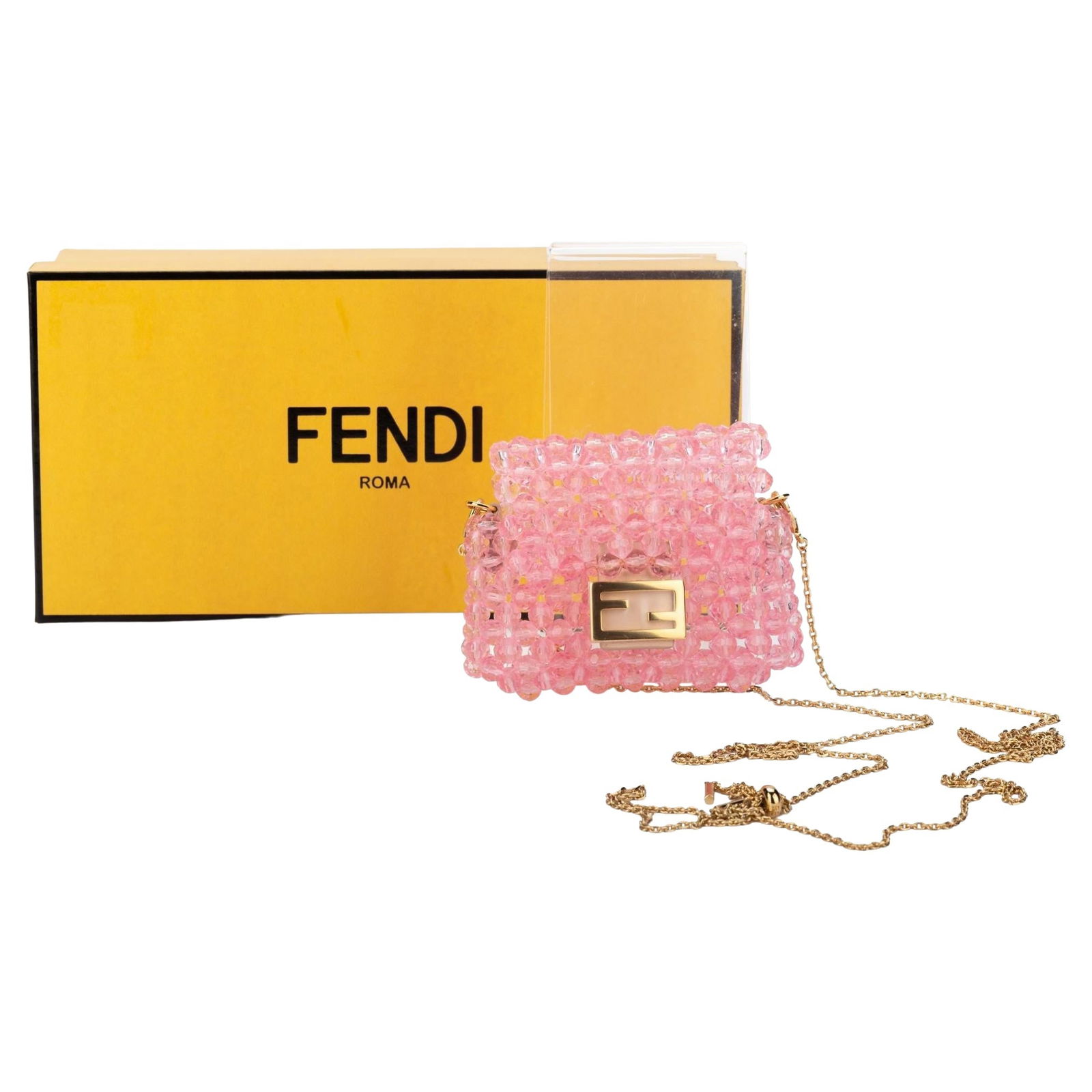 Fendi Pink Beads Pico Baguette AirPods Holder with Gold Hardware: Fendi Pink Beads Pico Baguette AirPods Holder with Gold Hardware Introducing the Fendi Pico Baguette, a stylish AirPods holder and necklace crafted from pink plastic beads. This chic accessory feature