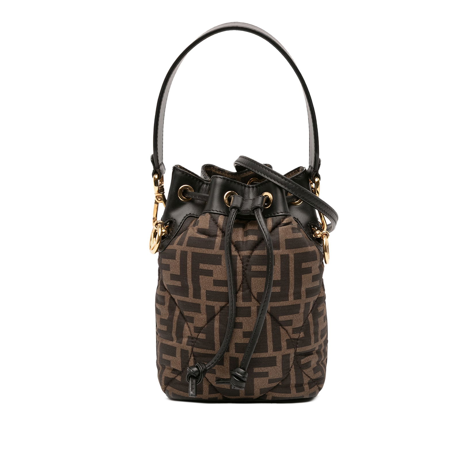 Fendi Mon Tresor Mini FF 1974 Silk Quilted Bucket Bag Brown: Fendi Mon Tresor Mini FF 1974 Silk Quilted Bucket Bag Brown This Fendi Mini Quilted Silk FF 1974 Mon Tresor Bucket Bag features a quilted silk body with leather trim, a flat leather top handle, and a