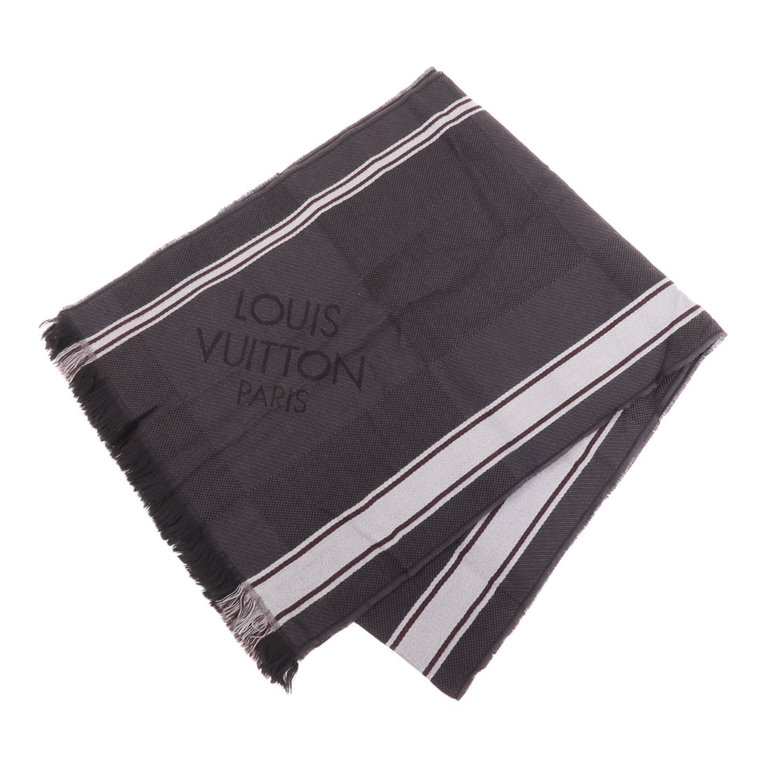 LOUIS VUITTON Black Gray Wool Scarf Made in France: LOUIS VUITTON Black Gray Wool Scarf Made in France This elegant Louis Vuitton scarf is crafted from high-quality wool, featuring a sophisticated black and gray color scheme. Designed for regular fit,