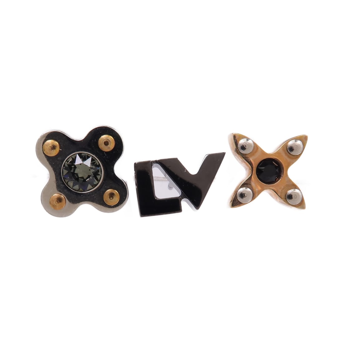 Black and Silver Love Letters PM Earrings by Louis Vuitton M65250: Black and Silver Love Letters PM Earrings by Louis Vuitton M65250 These LOUIS VUITTON Love Letters PM pierced earrings feature a combination of black, silver, and bronze tones. Crafted from metal, the