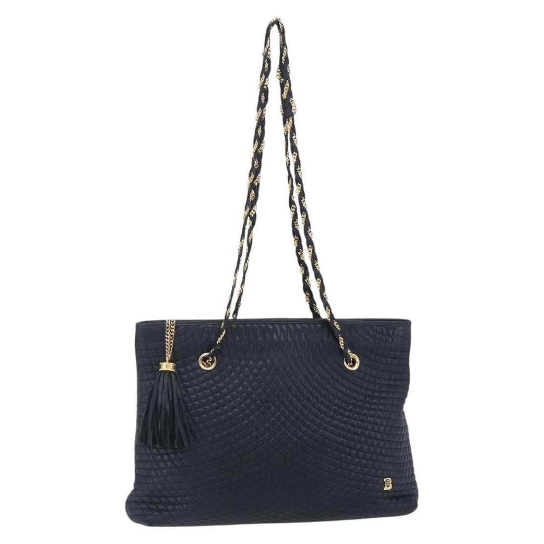 Navy Quilted Leather Bally Shoulder Purse with Chain Strap: Navy Quilted Leather Bally Shoulder Purse with Chain Strap This Bally vintage chain shoulder bag features quilted navy leather and is designed for women. The bag is pre-owned and in good condition, wi