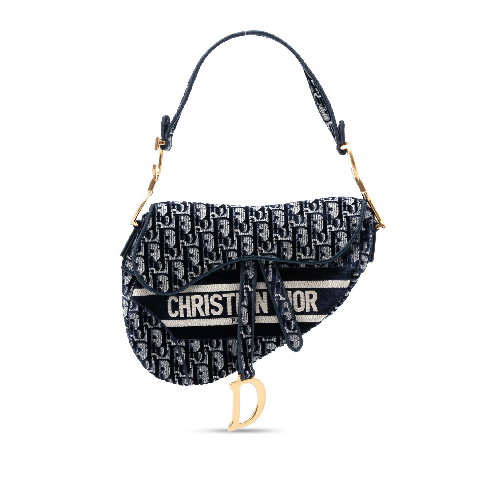 Blue Dior Saddle Bag with Oblique Embroidered Canvas Design: Blue Dior Saddle Bag with Oblique Embroidered Canvas Design This Dior Saddle Bag features an embroidered canvas body in the Oblique pattern, a flat strap, a front flap with magnetic closure, an exteri