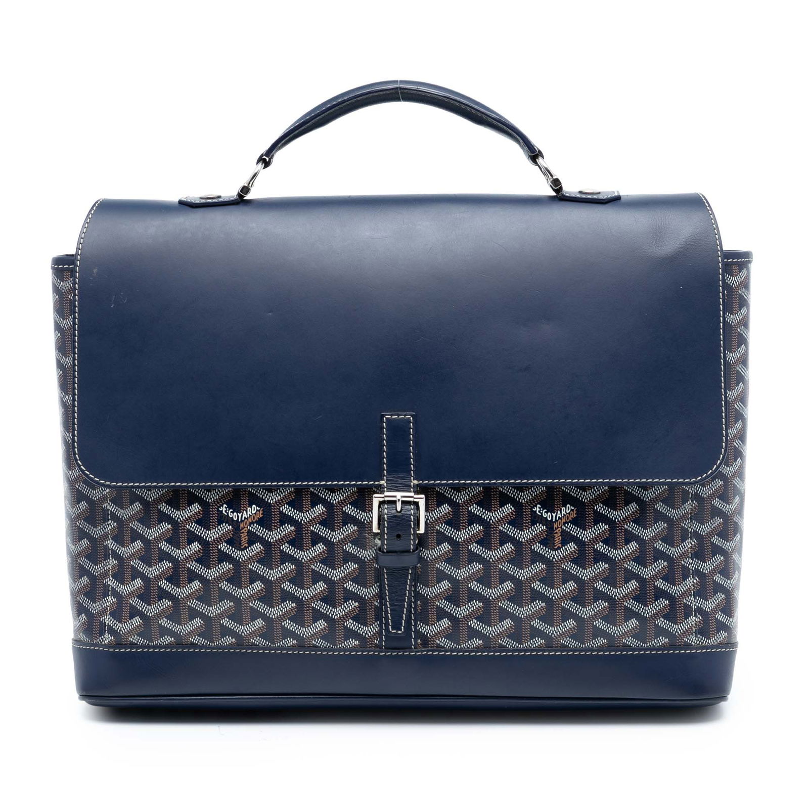 Goyard Goyardine Citadin PM Blue Coated Canvas Satchel with Leather Trim: Goyard Goyardine Citadin PM Blue Coated Canvas Satchel with Leather Trim The Goyardine Citadin PM is a blue handbag crafted with a coated canvas body and leather trim. It features a flat leather top h