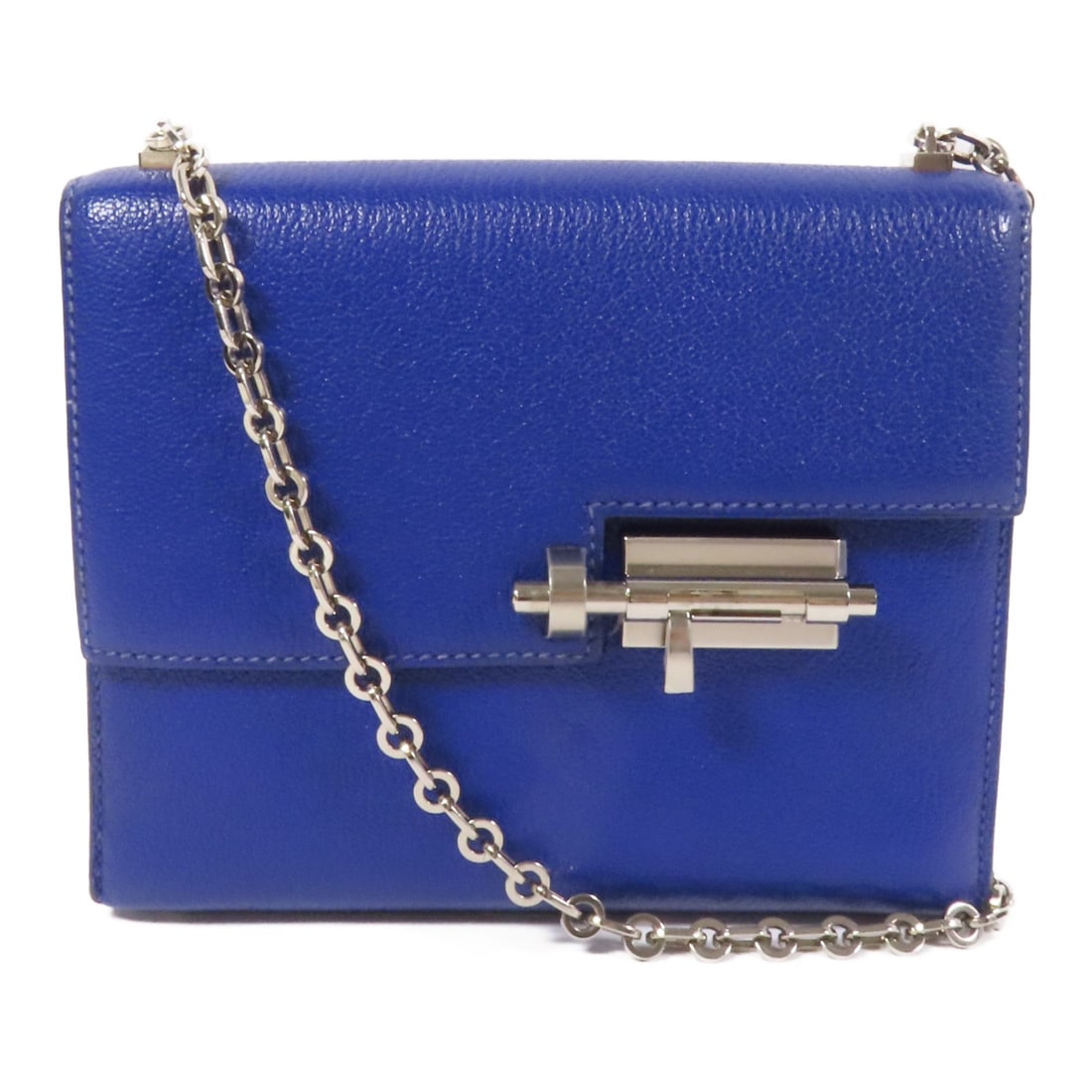HERMES Verrou Mini Chain Shoulder Bag Bleu Electrique: HERMES Verrou Mini Chain Shoulder Bag Bleu Electrique Introducing the HERMES Verrou Mini Chain Shoulder Bag in a striking Bleu Electrique. This exquisite shoulder bag is crafted from luxurious goatski