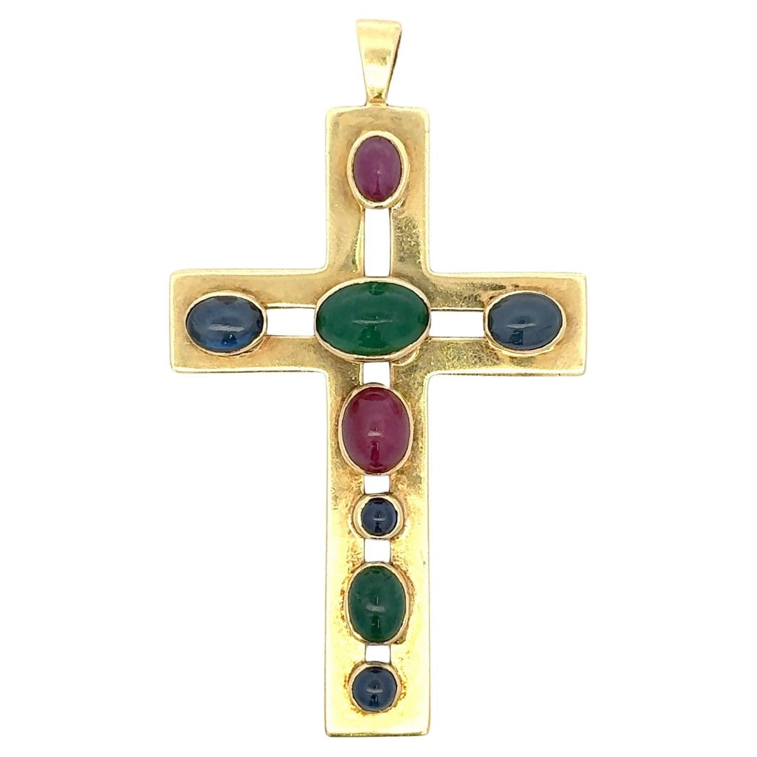 Harbor Diamonds 18KT Gold Cross Pendant with Cabochon Emerald Ruby Sapphire: Harbor Diamonds 18KT Gold Cross Pendant with Cabochon Emerald Ruby Sapphire This stunning contemporary cross pendant showcases a large cabochon cut of emerald, ruby, and sapphire, elegantly set in 18K
