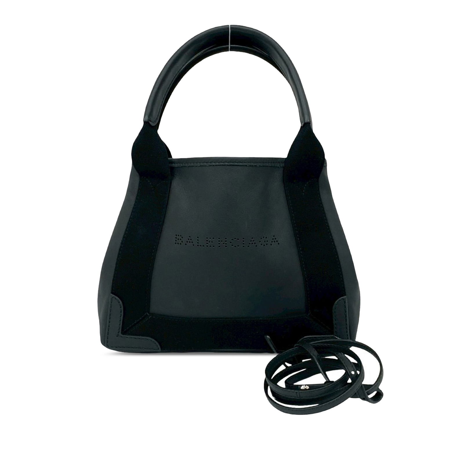 Balenciaga Navy Cabas XS Leather Tote with Perforated Logo and Strap: Balenciaga Navy Cabas XS Leather Tote with Perforated Logo and Strap This Balenciaga Navy Cabas Tote XS is crafted from leather and features a perforated logo detail. It offers flat handles and a deta