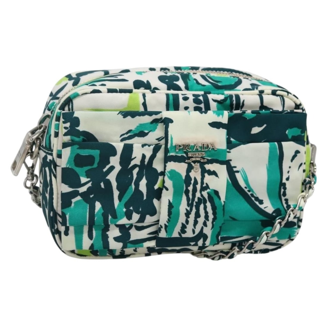 PRADA Green Silver Nylon Chain Shoulder Bag Made in Italy: PRADA Green Silver Nylon Chain Shoulder Bag Made in Italy This PRADA Chain Shoulder Bag is a stylish accessory made in Italy, featuring a vibrant green and silver nylon exterior. With measurements of