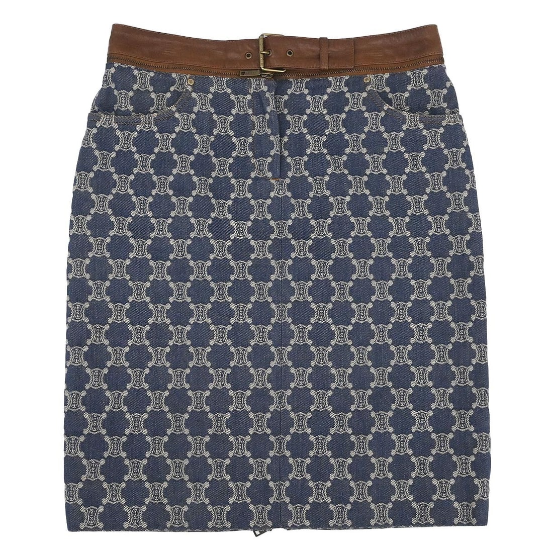 Celine Macadam Blue Denim Knee Length Straight Skirt FR 40: Celine Macadam Blue Denim Knee Length Straight Skirt FR 40 This Celine Macadam skirt is crafted from 100% cotton denim in blue. Designed in a straight and pencil silhouette, it features a zip closure