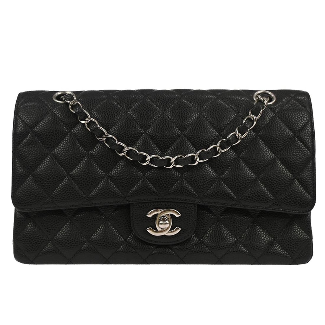 Medium Classic Double Flap Shoulder Bag in Black Calfskin by Chanel: Medium Classic Double Flap Shoulder Bag in Black Calfskin by Chanel This Chanel Classic Double Flap shoulder bag is crafted from black calfskin leather and features a medium size with a turn lock clos