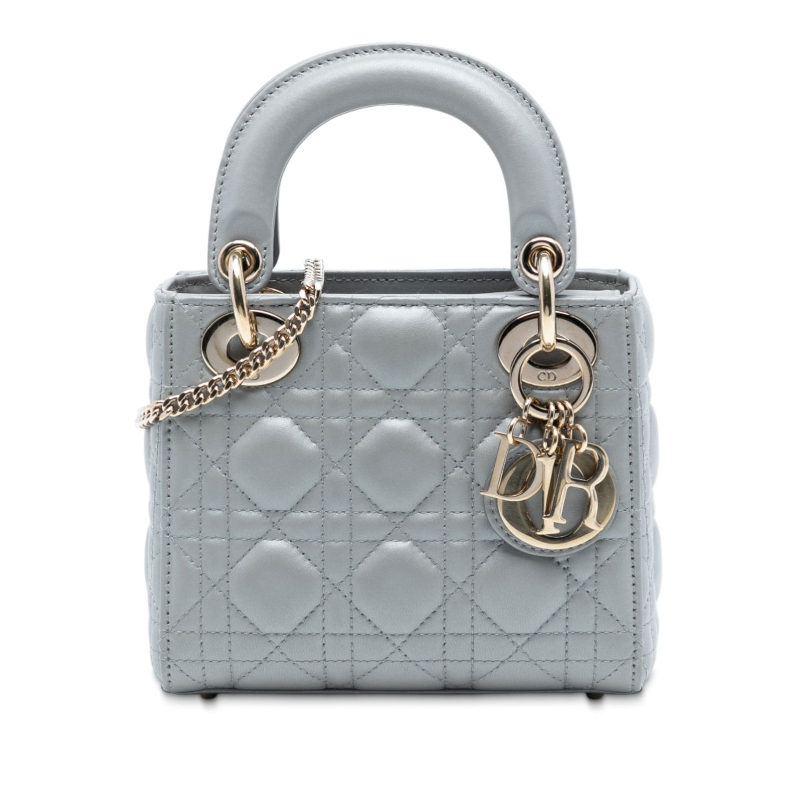 Dior Lady Dior Mini Gray Quilted Lambskin Bag with Chain Strap: Dior Lady Dior Mini Gray Quilted Lambskin Bag with Chain Strap This Mini Lady Dior handbag features a quilted lambskin leather body in gray, flat leather top handles, a detachable chain-link strap wit