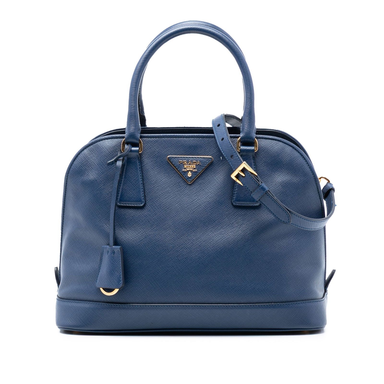 Blue Leather Medium Saffiano Lux Promenade Satchel by Prada with Strap: Blue Leather Medium Saffiano Lux Promenade Satchel by Prada with Strap This Prada Medium Saffiano Lux Frame Promenade Satchel showcases a blue leather body with rolled handles and a detachable flat le