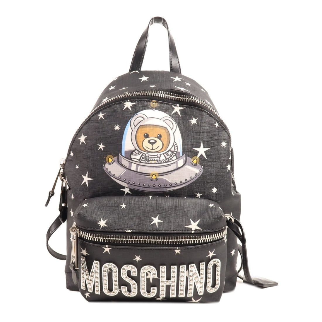 MOSCHINO Black Coated Canvas Rucksack Backpack 2T7641: MOSCHINO Black Coated Canvas Rucksack Backpack 2T7641 This stylish Moschino Rucksack Backpack is crafted from durable PVC coated canvas in a sleek black finish. The bag features a compact design with