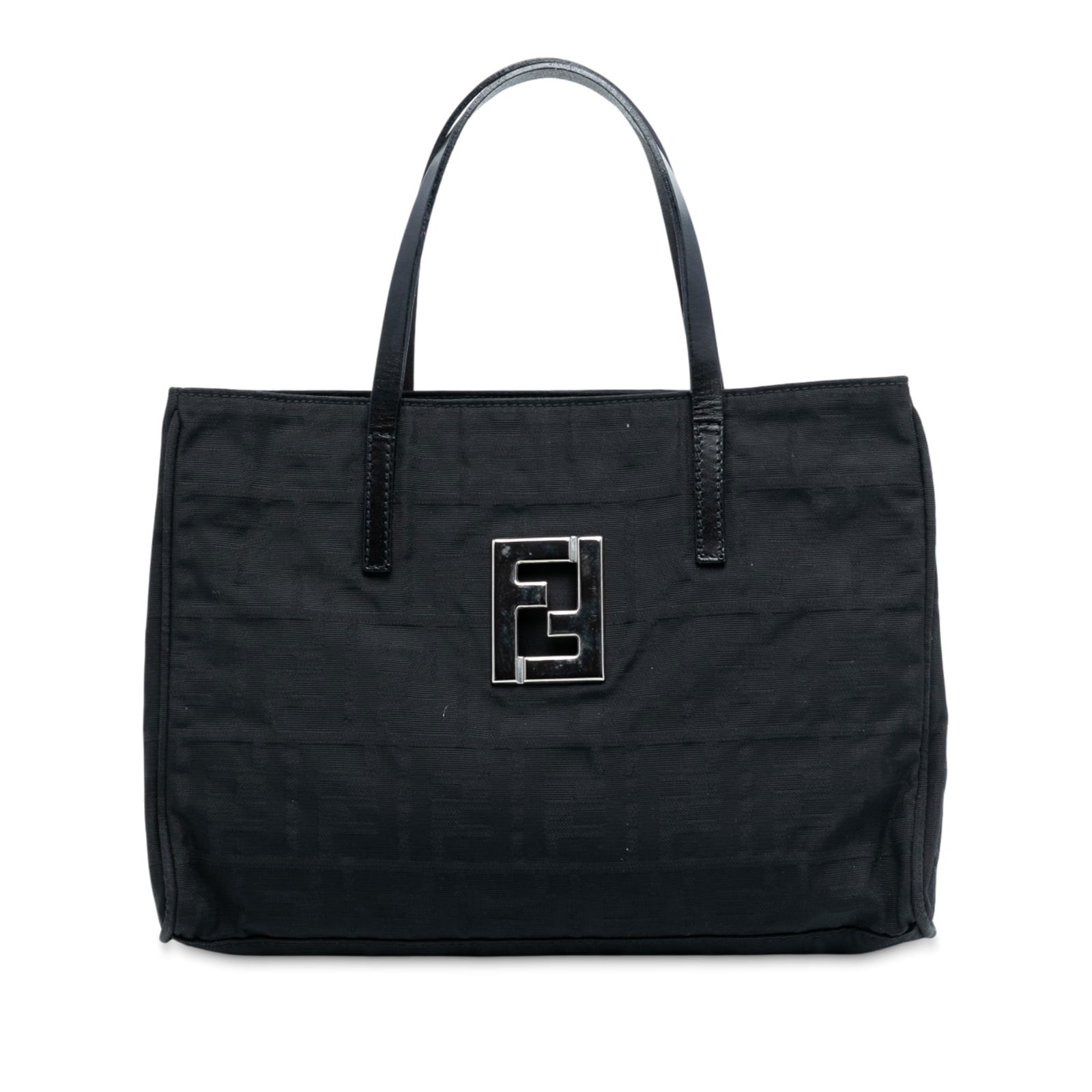 Black Fabric Tote Bag by Fendi Zucca with Leather Straps: Black Fabric Tote Bag by Fendi Zucca with Leather Straps This Fendi Zucca Canvas Tote features a canvas body with flat leather straps, an open top, and includes both an interior zip compartment and an