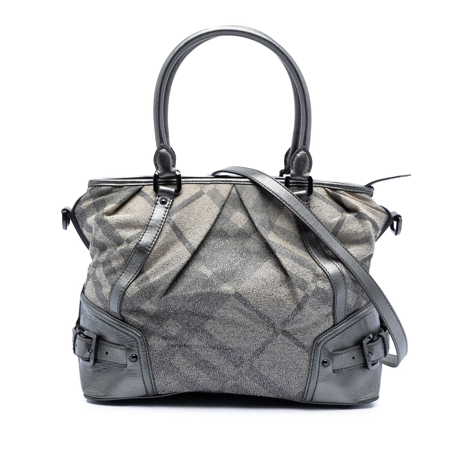 Glitter Smoke Check Canvas Satchel by Burberry with Leather Trim: Glitter Smoke Check Canvas Satchel by Burberry with Leather Trim This Burberry satchel showcases a glittered smoke check canvas body with leather trim. It features rolled leather handles, a detachable