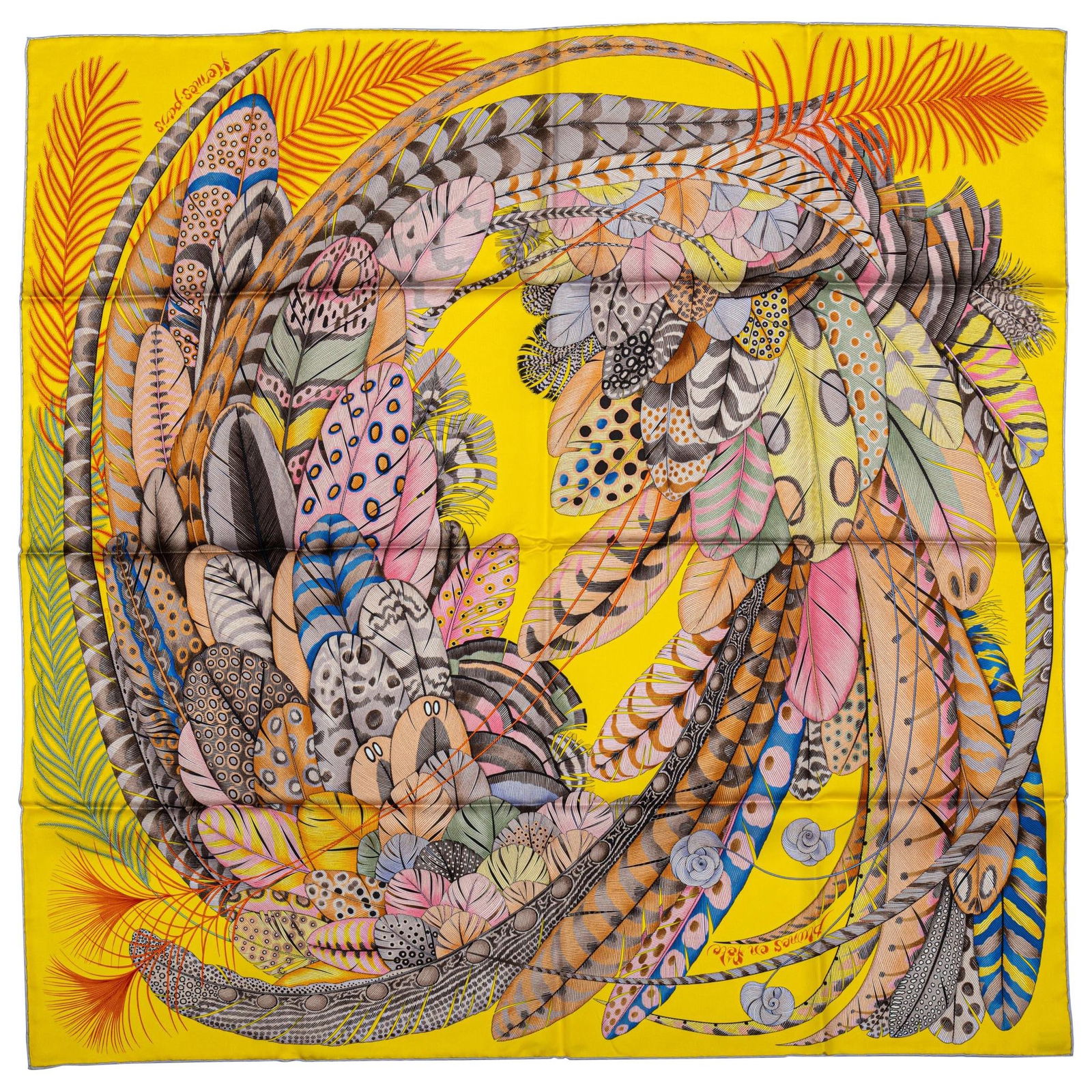 Hermes Yellow Silk Scarf with Feathers New in Box: Hermes Yellow Silk Scarf with Feathers New in Box Discover this exquisite Hermes silk scarf, beautifully designed with a vibrant yellow color and an elegant feathers motif. Measuring 35 in (88.9 cm) b