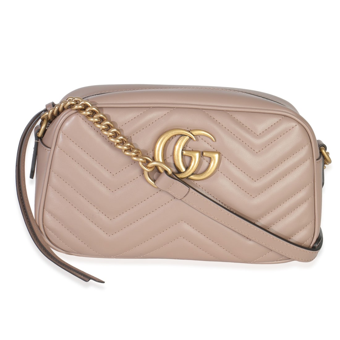 Small GG Marmont Chain Shoulder Bag by Gucci in Rose Calfskin Leather: Small GG Marmont Chain Shoulder Bag by Gucci in Rose Calfskin Leather This Gucci Small GG Marmont chain shoulder bag is crafted from neutral-colored rose calfskin leather with a matelasse finish. It f