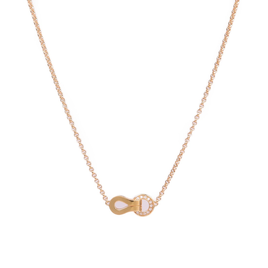 18K Rose Gold Cartier Agrafe Necklace Adorned With Diamonds: 18K Rose Gold Cartier Agrafe Necklace Adorned With Diamonds This Cartier Agrafe necklace is crafted from 18K pink (rose) gold and features a clear diamond as its main stone. Made in France, it showcas