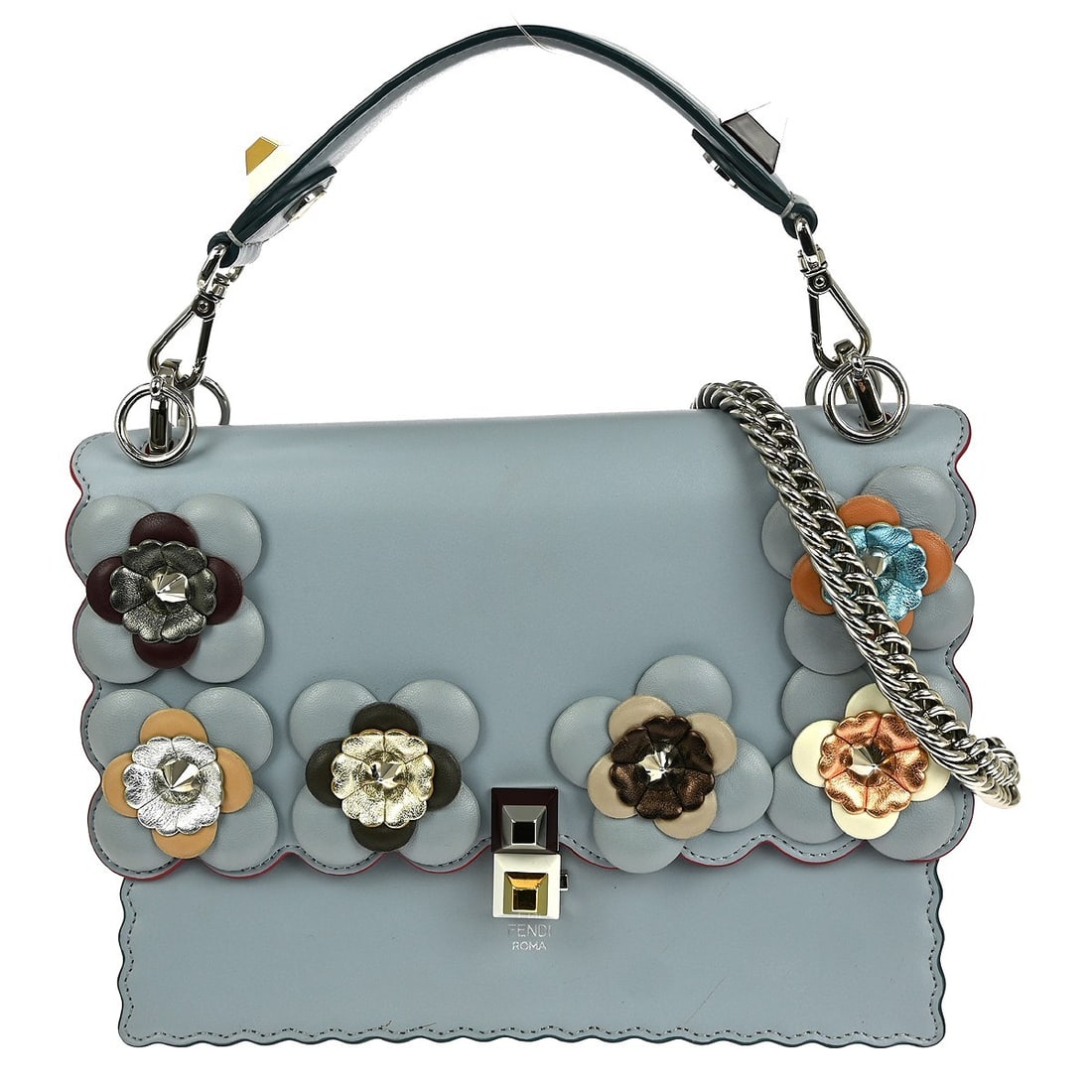 Fendi Kan I Blue Leather Top Handle Handbag with Red Strap 8BT283-2IW: Fendi Kan I Blue Leather Top Handle Handbag with Red Strap 8BT283-2IW This Fendi Kan I 2-way handbag features a light blue leather exterior with red leather handles and a brown lining. The medium-size