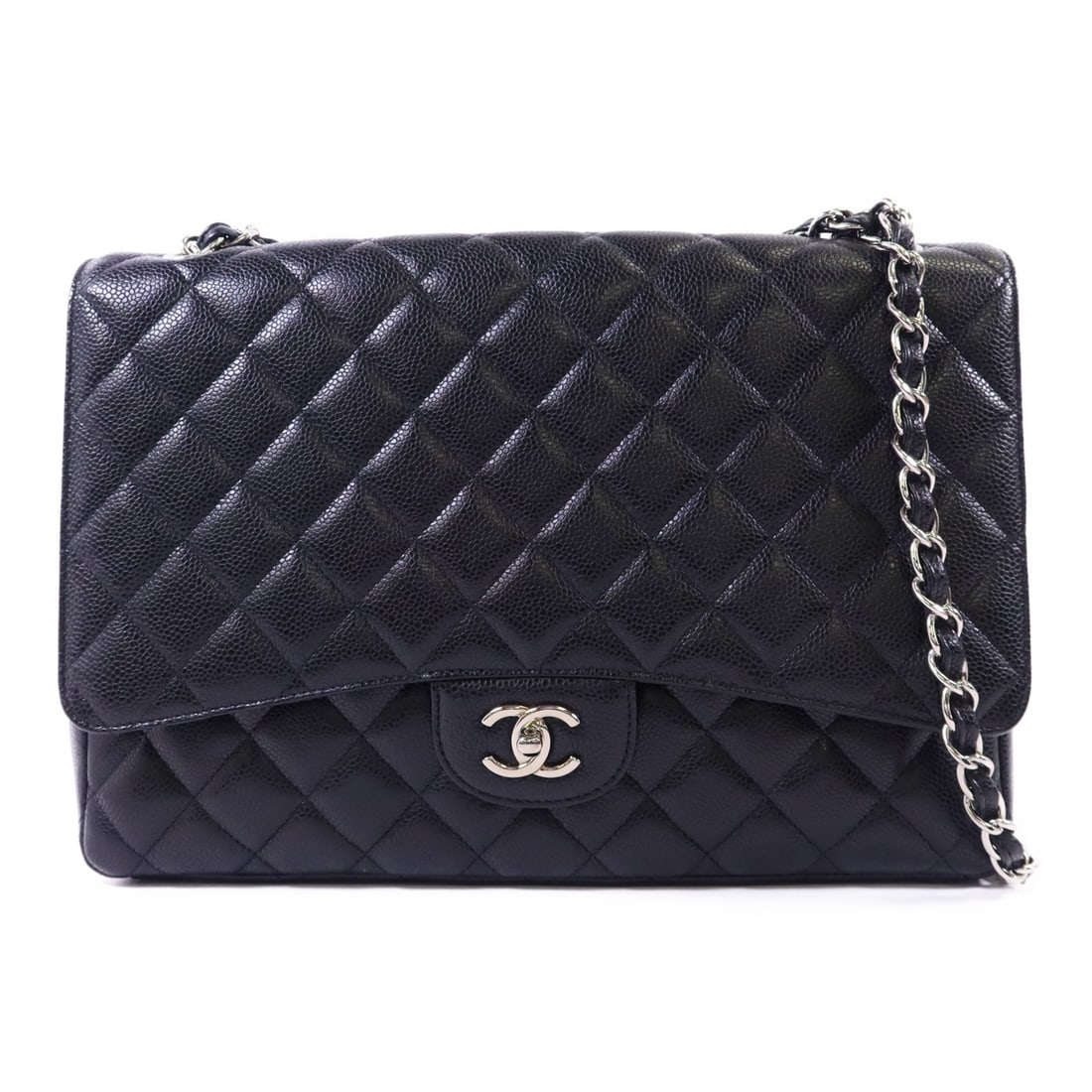 Chanel Maxi Classic Shoulder Bag Black Calfskin Leather Silver Hardware: Chanel Maxi Classic Shoulder Bag Black Calfskin Leather Silver Hardware This is a CHANEL Maxi Classic Chain Shoulder Bag crafted from black calfskin leather. The bag features silver-tone CC hardware a