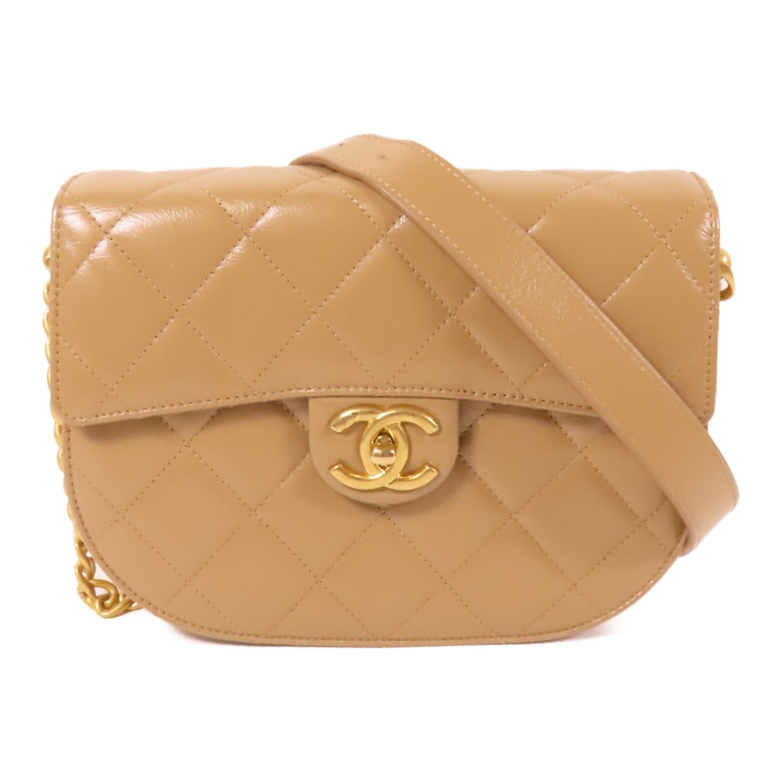 CHANEL Beige Calfskin Chain Shoulder Bag with Gold Hardware: CHANEL Beige Calfskin Chain Shoulder Bag with Gold Hardware This elegant Chanel shoulder bag is crafted from luxurious beige calfskin leather, showcasing a sophisticated design suitable for any occasi