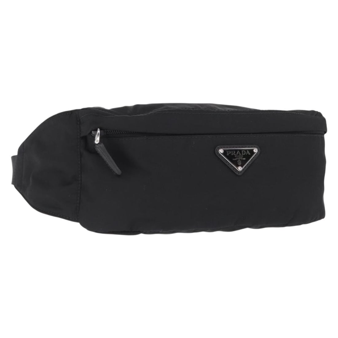 Black Nylon Prada Waist Bag with Silver Accents and Dust Bag: Black Nylon Prada Waist Bag with Silver Accents and Dust Bag This PRADA waist bag features a sleek black nylon exterior with silver accents. Made in Italy, the bag is designed for both style and pract