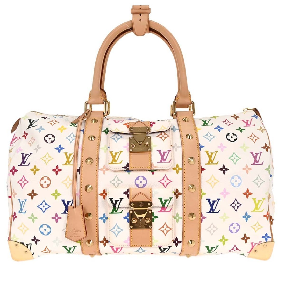White Multicolor Monogram Louis Vuitton Keepall 45 Canvas Handbag M92641: White Multicolor Monogram Louis Vuitton Keepall 45 Canvas Handbag M92641 This Louis Vuitton Keepall 45 handbag features a white monogram multicolor canvas leather exterior, accented with the iconic Lo