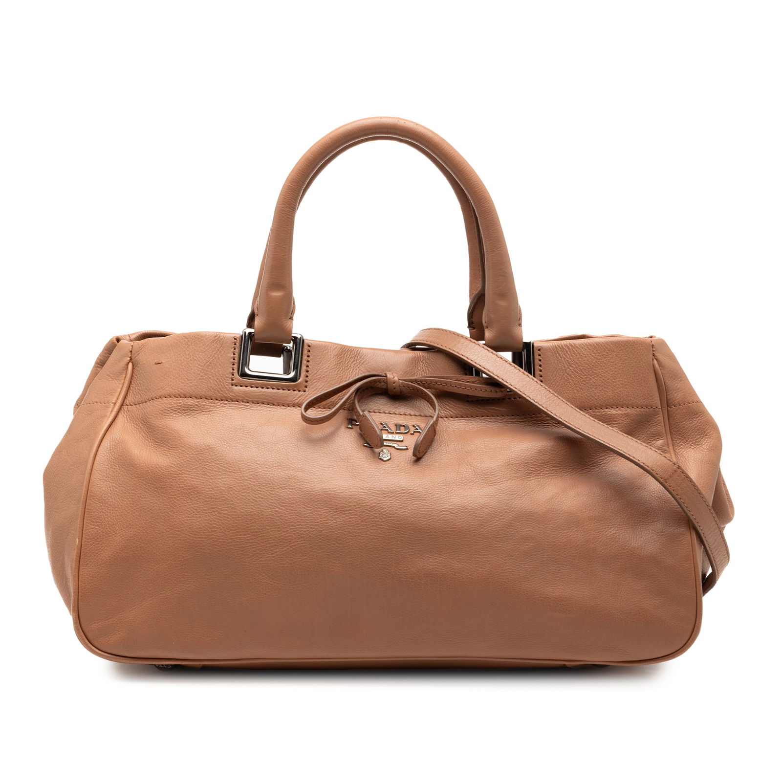 Leather Satchel by Prada Vitello Ribbon with Adjustable Strap: Leather Satchel by Prada Vitello Ribbon with Adjustable Strap This Prada Vitello Ribbon Satchel features a brown leather body with rolled leather handles and a detachable, adjustable flat leather shou