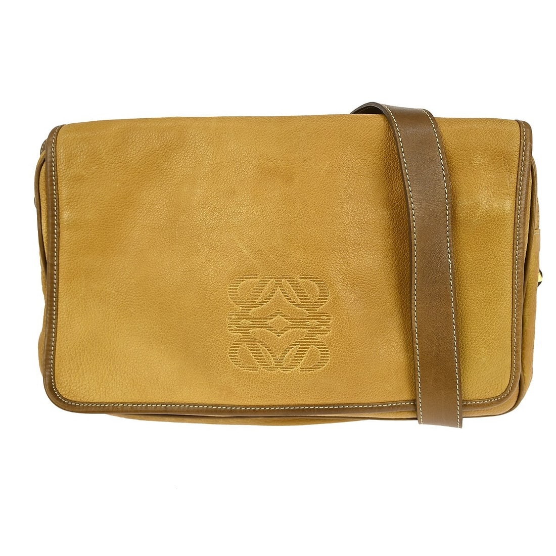 Loewe Brown Suede Tote Shoulder Bag with Beige Accents: Loewe Brown Suede Tote Shoulder Bag with Beige Accents This Loewe shoulder bag features a brown suede exterior and a stylish tote design. The bag shows reasonable wear and tear both inside and outside