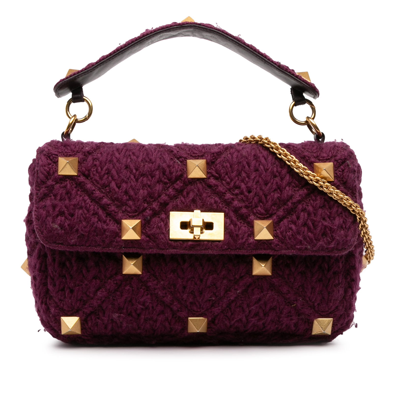 Valentino Large Knit Roman Stud Satchel Purple Fabric with Gold-tone Chain: Valentino Large Knit Roman Stud Satchel Purple Fabric with Gold-tone Chain Introducing the Valentino Large Knit Roman Stud Satchel, a stunning accessory that combines style and practicality. This satc