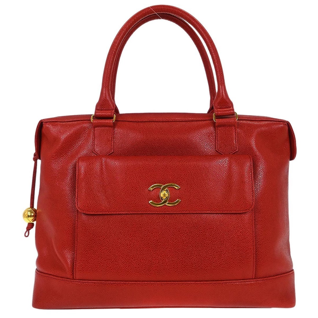 Chanel Red Calfskin Caviar Top Handle Handbag: Chanel Red Calfskin Caviar Top Handle Handbag This exquisite Chanel handbag showcases a vibrant red calfskin leather exterior, embodying luxury and style. The bag features a spacious interior with dim