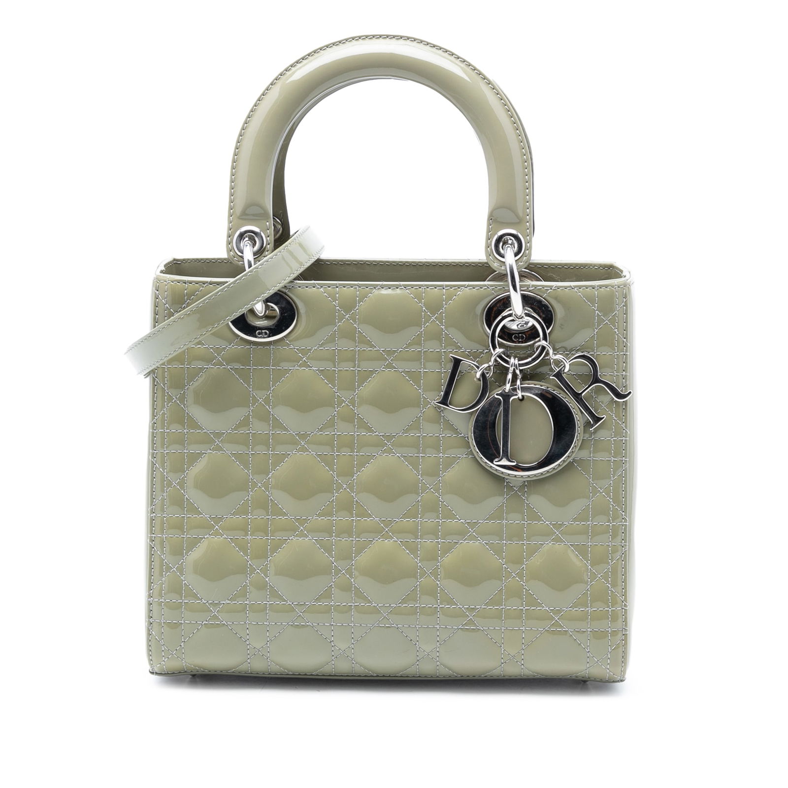 Dior Lady Dior Medium Green Patent Cannage Leather Shoulder Bag: Dior Lady Dior Medium Green Patent Cannage Leather Shoulder Bag The Lady Dior Medium Patent Cannage handbag features a quilted green patent leather body, flat leather top handles, a detachable flat le