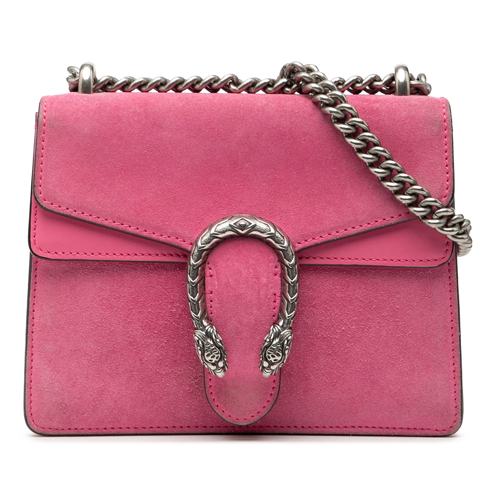 Dionysus Pink Suede Small Crossbody Bag with Chain Strap by Gucci: Dionysus Pink Suede Small Crossbody Bag with Chain Strap by Gucci This Gucci Small Suede Dionysus Crossbody bag showcases a pink suede exterior, complemented by a chain link strap and a front flap wit